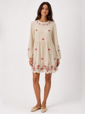 Caroline Constas M Linen Blend Embroidered Long Sleeve Short Babydoll Flowy Boho
